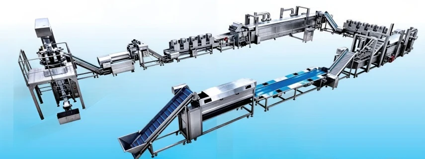 Anbang catalog illustration of a potato processing line with connected conveyors and processing modules on a blue background